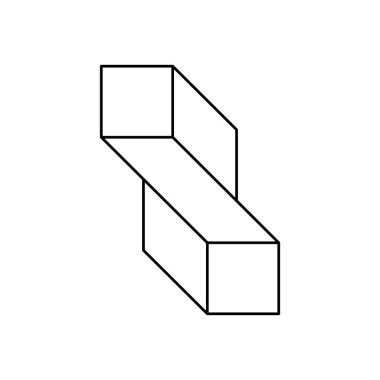 İmkansız bükülmüş dikdörtgen şekli. Esher penrose geometrik figürü. Optik illüzyon, görsel efekt, akıl oyunu. Gerçek dışı 3D nesne. İki birbirine bağlı küp. Operasyon sanatı. Vektör illüstrasyonu, satır simgesi, klip sanatı 