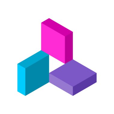 Üçgen etrafında üç renkli blok. Mimarlık, bina, inşaat konsepti. Yaratıcı 3D çalma tuşu. Isome soyut logo tasarım şablonu. Matematik fikri. Vektör illüstrasyonu, klip sanatı. 