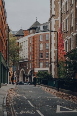 Londra, İngiltere - 23 Ekim 2021: Bir sonbahar gününde Londra 'da yaratıcı firmalar ve sanatçıların popüler olduğu Clerkenwell' deki bir yerleşim bölgesinde çok az insan yürür..