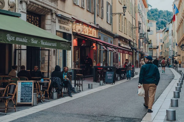 Niza Francia Marzo 2022 Fila Bares Restaurantes Rue Prefecture Casco — Foto de Stock