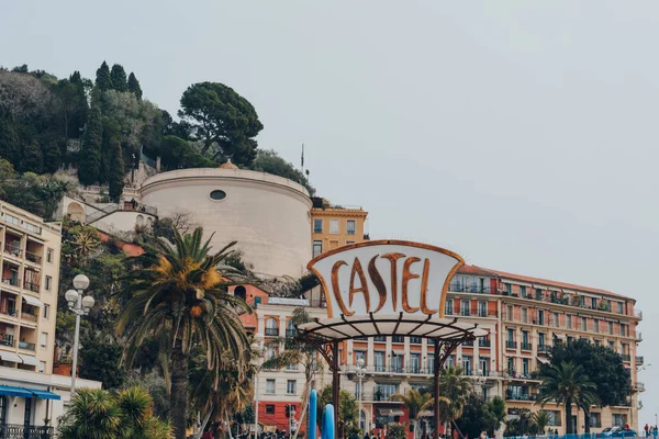 Nice France March 2022 Sign Entrance Castel Seaside Restaurant Offering — Stock Photo, Image