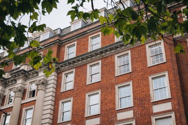 10-13 Grosvenor Meydanı 'nın dışı. Mayfair, Londra, İngiltere' deki karışık kullanım binası. Ağaç yapraklarının arasından görülüyor..