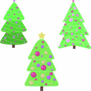 Süslü Noel ağaçları. Vektör illüstrasyonu beyazda izole edildi.
