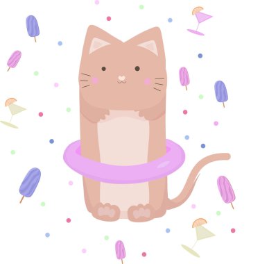 Yüzme yüzüklü vektör kedi. Yaz titreşimleri.