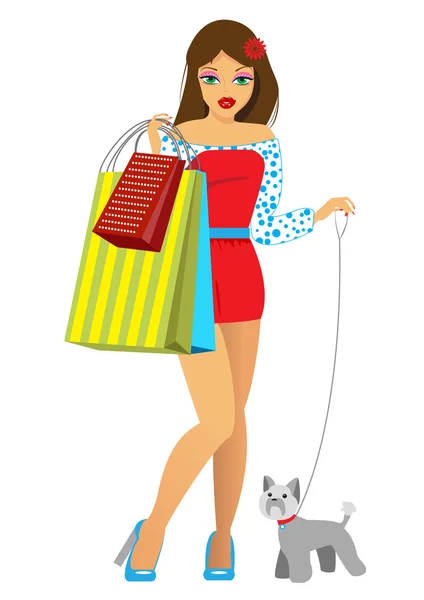 La fille avec des achats et un chien — Image vectorielle