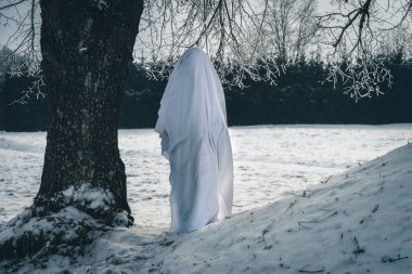 Ağacın altındaki kardaki hayalet figürü.