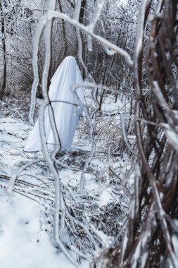 Ormandaki karlı dallar arasında hayalet figürü.