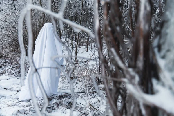 Ormandaki karlı dallar arasında hayalet figürü.