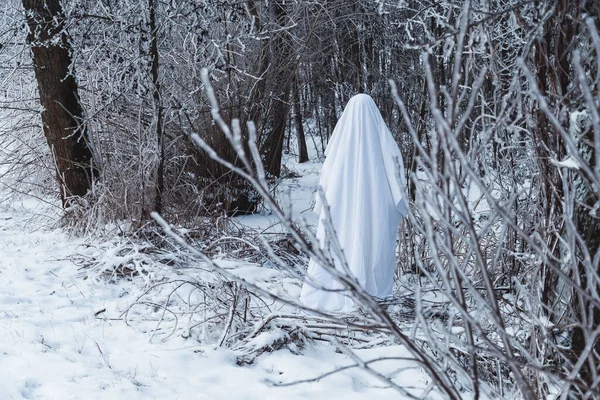 Ormandaki karlı dallar arasında hayalet figürü.