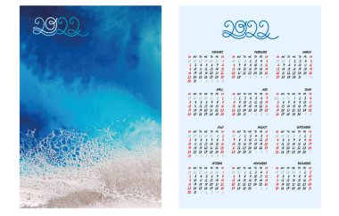 2022 için bir cep takvimi şebekesi. Deniz arka planı, dalgalar ve deniz köpüğü. Izgaranın İngilizce versiyonu. Hafta pazar günü başlıyor.