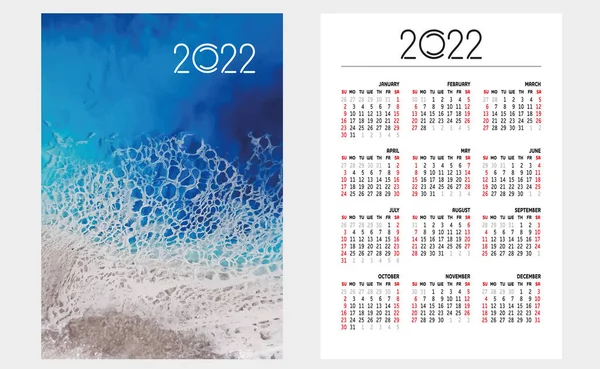 Układ Kalendarza Kieszonkowego Siatką 2022 Rok Tło Morza Fale Pianka — Wektor stockowy