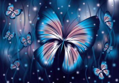 Uçan mistik kelebek sürüsü. Mavi arka plan. Ekran için duvar kağıdı