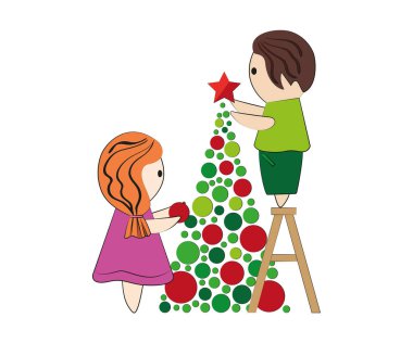 Çizgi film çocuğu ve kız bir Noel ağacı süsler. Vektör. İzole edilmiş