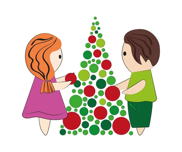 Cartoon Boy Girl Decorate Christmas Tree Vector Isolated — Stock Vector