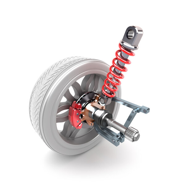 Wheel, shock absorber and brake pads over white