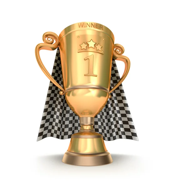 Golden trophy and racing flag — Stock Photo, Image