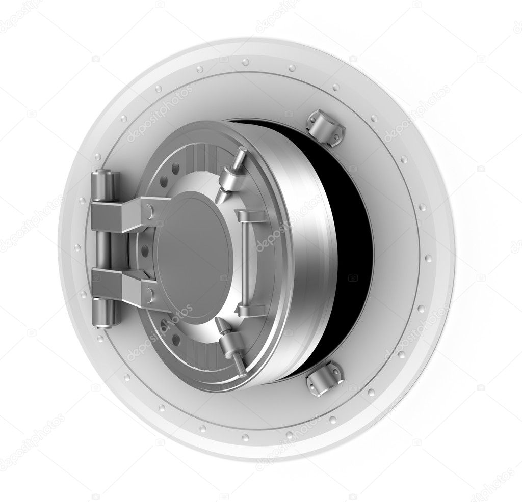 Bank vault door concept isolated on white background.