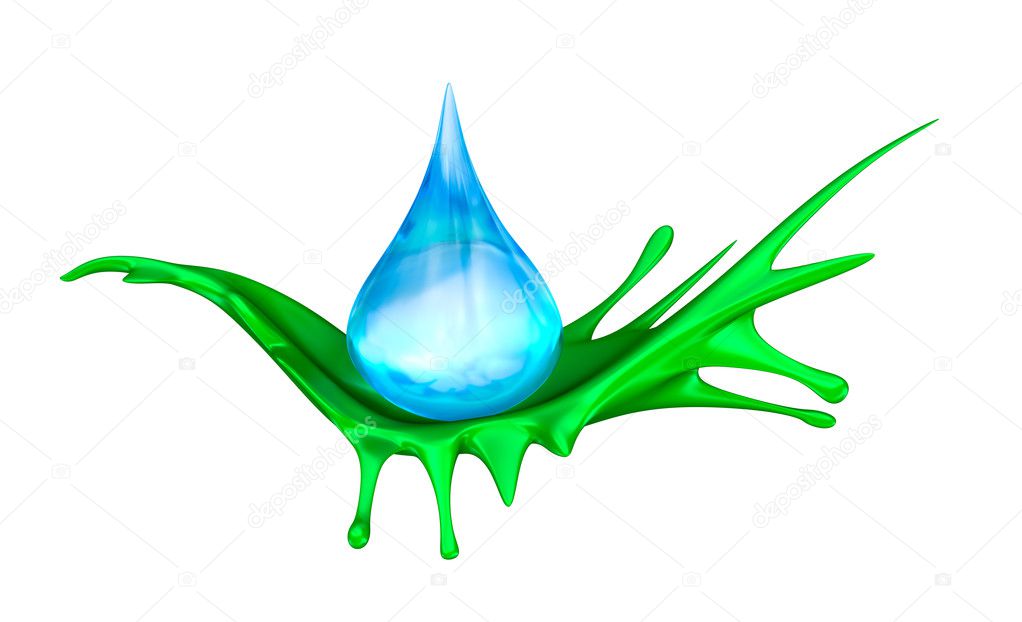 Waterdrop and green splash. Ecology concept. Isolated on white.