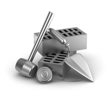 Building tools: hammer, tape measure, trowel and bricks
