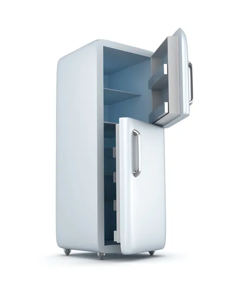 Moderno refrigerador con puertas abiertas. Aislado sobre blanco — Foto de Stock