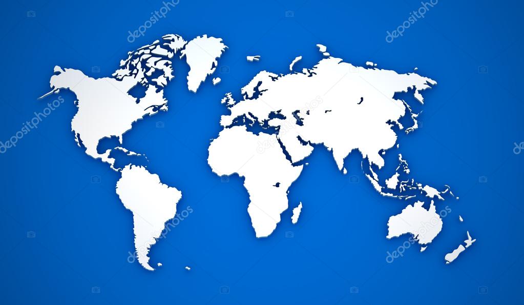 World map. White continents on blue background.