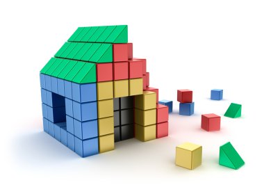 Construction of house from children's blocks. Isolated on white