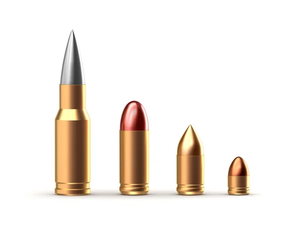 Conjunto de diferentes cartuchos de munición. Aislado sobre blanco —  Fotos de Stock