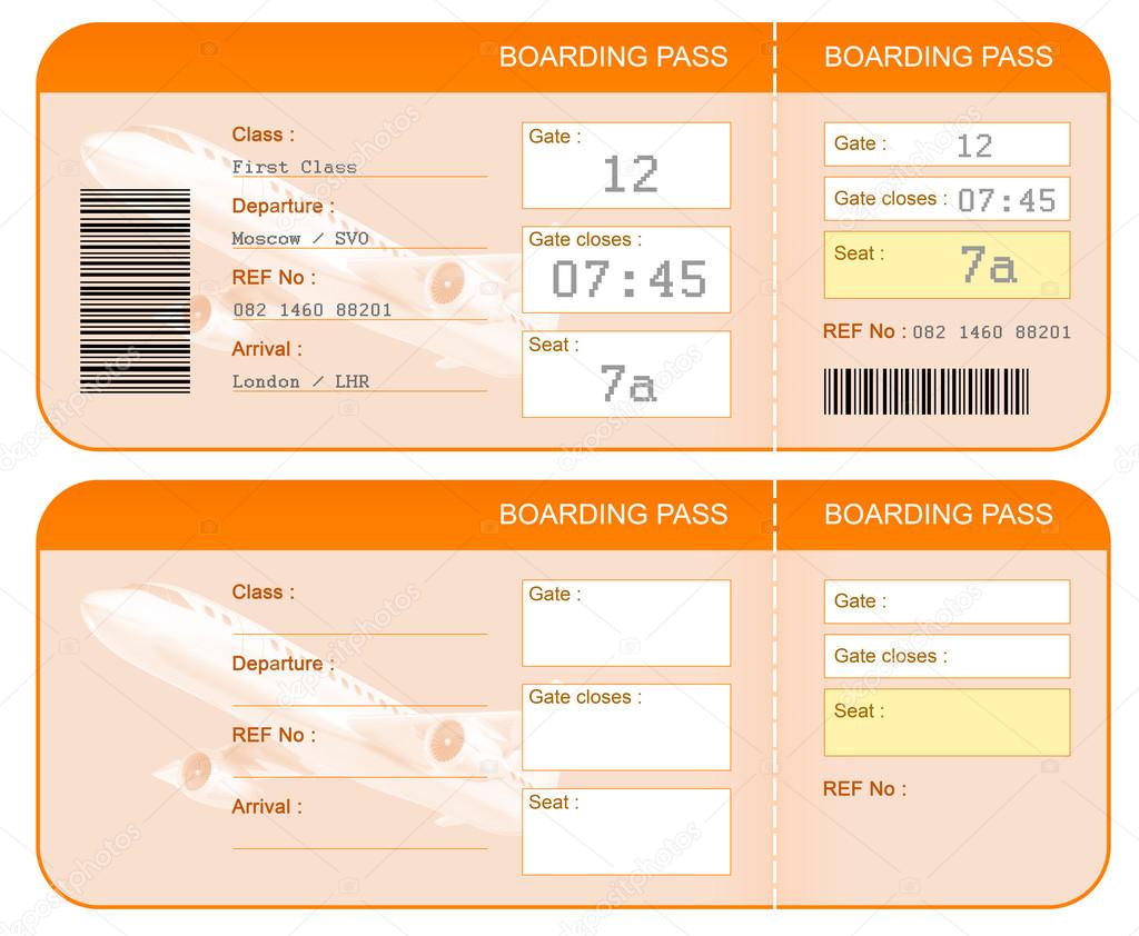 Boarding pass ticket concept. Both sides. Isolated.