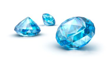 Mavi üzerine beyaz izole değerli taşlar. Sapphire. Topaz. Tanzanit