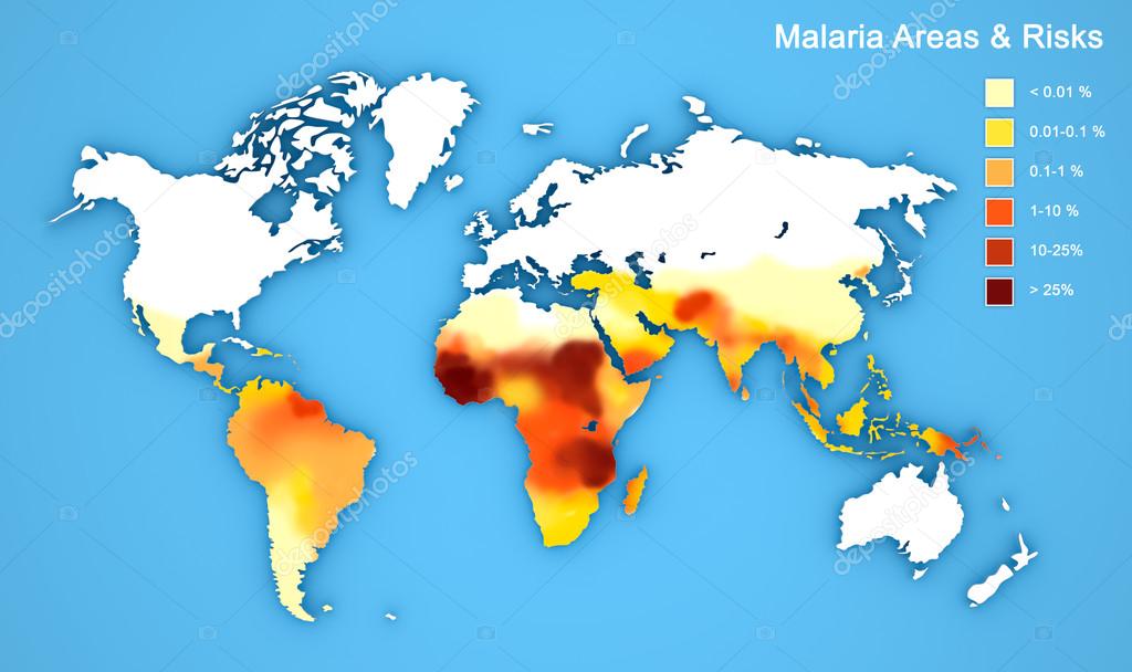 Malaria disease spread map. Areas and risks.