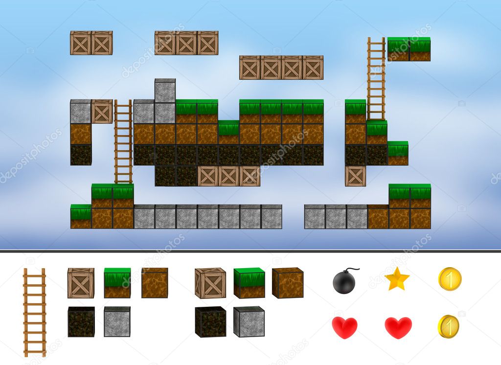 Computer arcade game level. Cubes, ladder, icons.