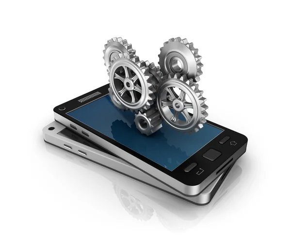 Mobile phone and gears. Application development concept. — Stock Photo, Image