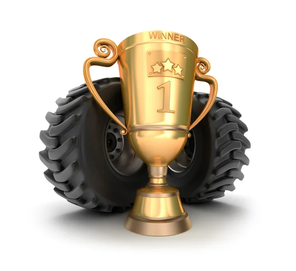 4x4 golden trophy cup with tires. — Stock Photo, Image