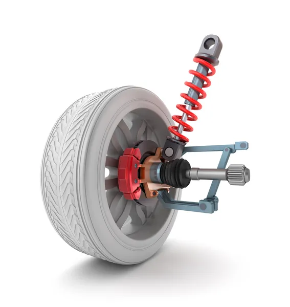 Wheel, shock absorber and brake pads — Stock Photo, Image