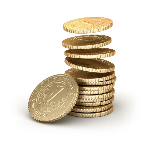 Monete d'oro che cadono in pila isolate su bianco — Foto Stock
