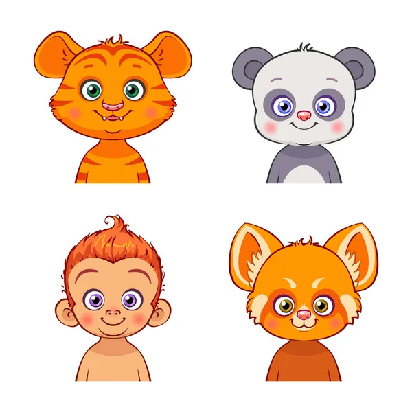 Cute Animal Faces Vector Illustration Asian Animals Tiger Panda Monkey — Stock Vector