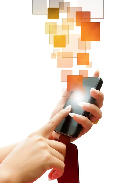 Hand Frauen Touch-Taste Smartphone auf weißem Hintergrund — Stockfoto
