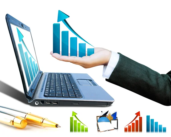 Hand of women business graph on computer background — Stock Photo, Image