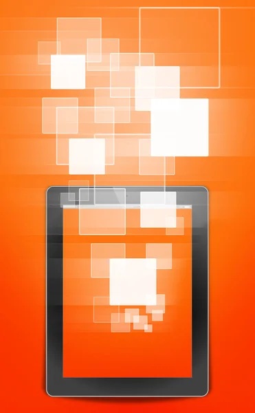 Pc tablet dan tombol antarmuka layar sentuh terhadap bac oranye — Stok Foto
