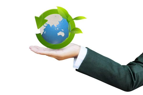 Mano de las mujeres de negocios y reciclar signo de concepto de mundo verde — Foto de Stock