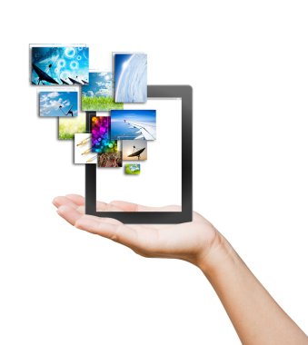 el backg üzerinde touch pad pc ve kadın doğum görüntüleri düğmeleri streaming