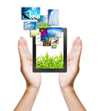 el backg üzerinde touch pad pc ve kadın doğum görüntüleri düğmeleri streaming