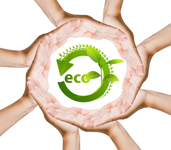 Recycling-Logo auf der Hand Frauen — Stockfoto