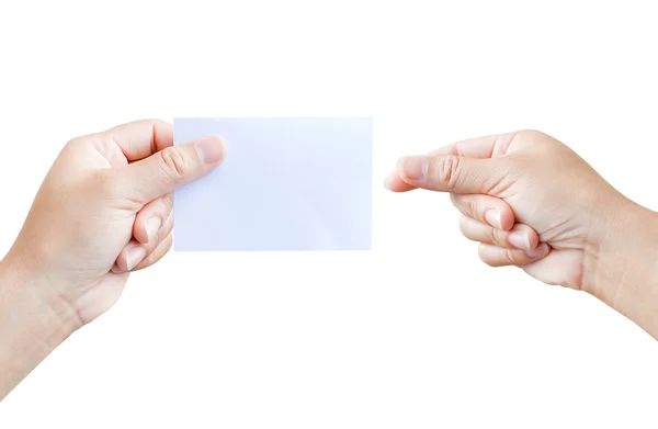 Hand of women holding blank paper label or tag on white backgrou — Stock Photo, Image