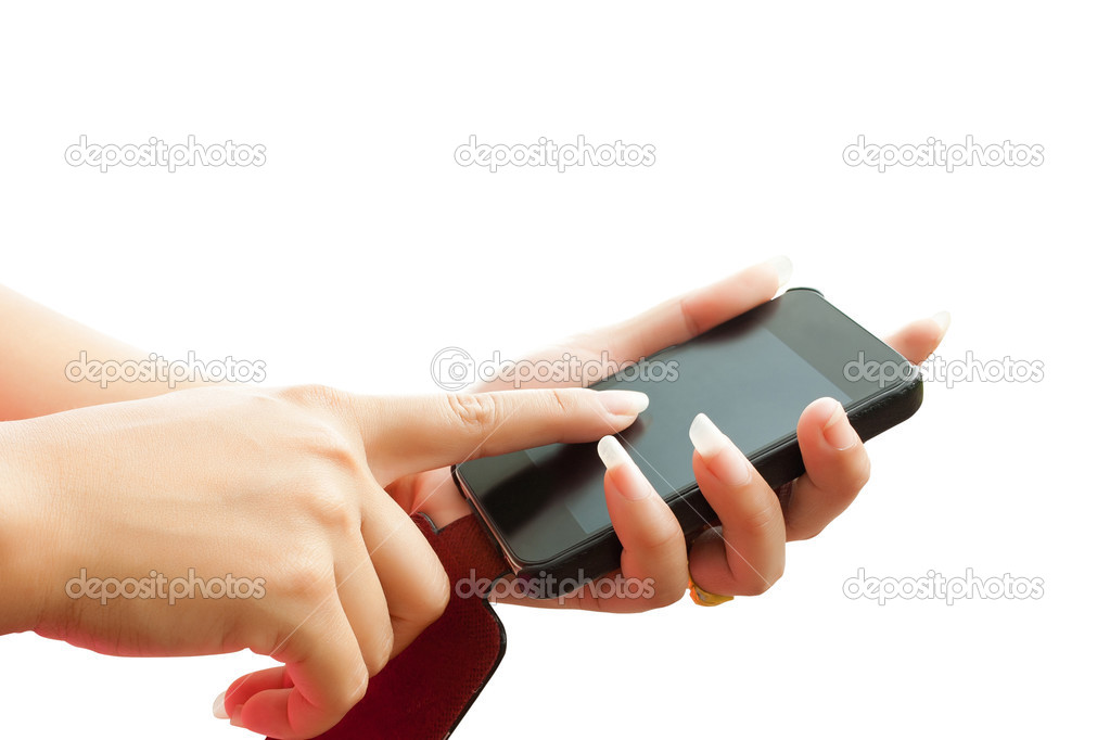 hand women touch smart phone in hand on white background