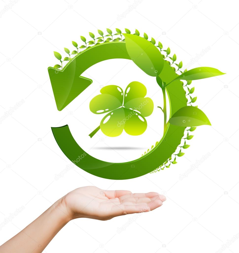 hand of women and recycle logo green