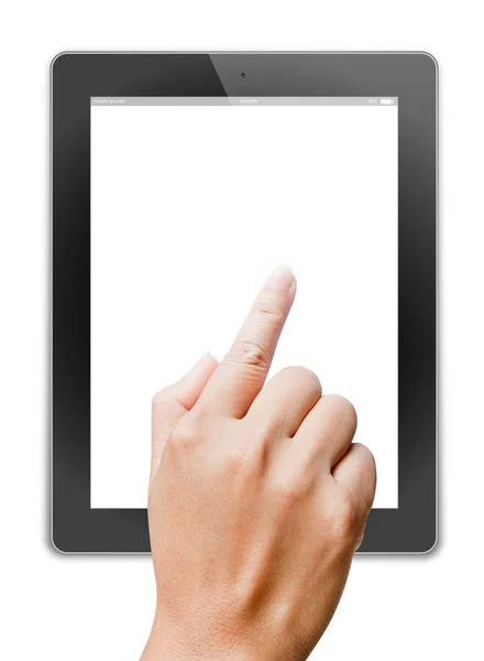 Hand of business man holding and touching on touch pad — Stock Photo, Image