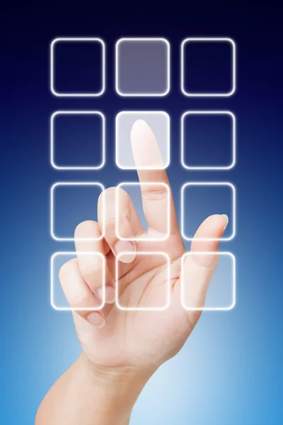 Hand of women pushing button on touch screen — Stock Photo, Image
