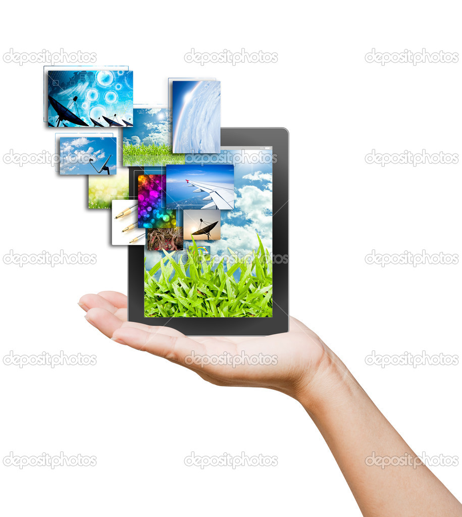 Touch pad PC and streaming images buttons on women hand on backg