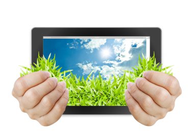 el backg üzerinde touch pad pc ve kadın doğum görüntüleri düğmeleri streaming